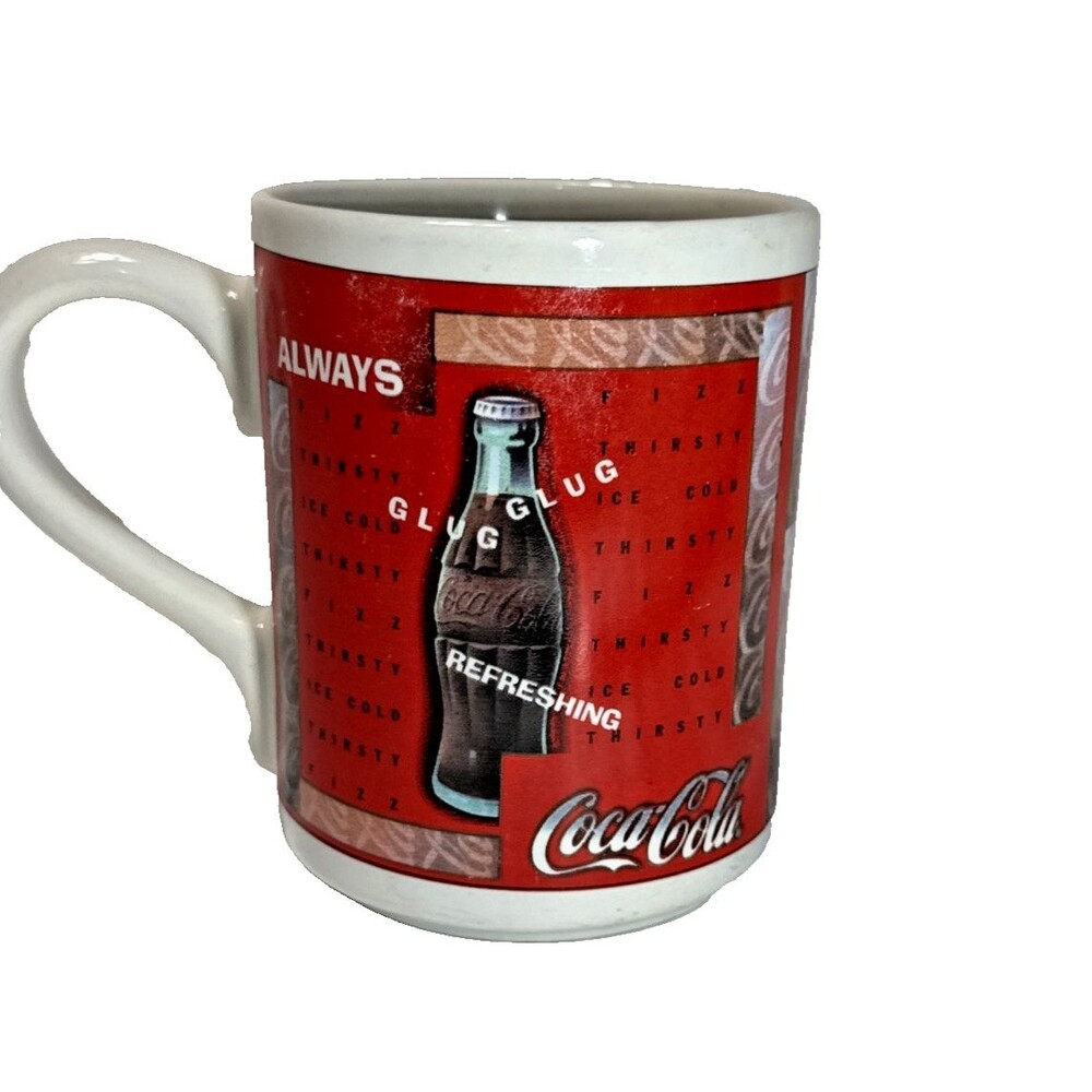 Always Glug Glug Coca Cola Mug 1997 Gipson White Ceramic Red Print 4.5" Tall